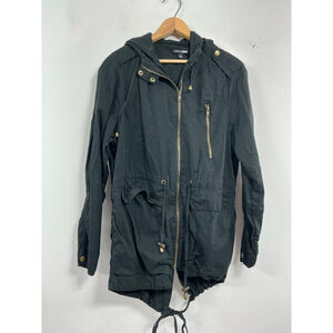 Womans Fashion Nova Hooded Windbreaker Large Black Full Zip Drawstring Waist